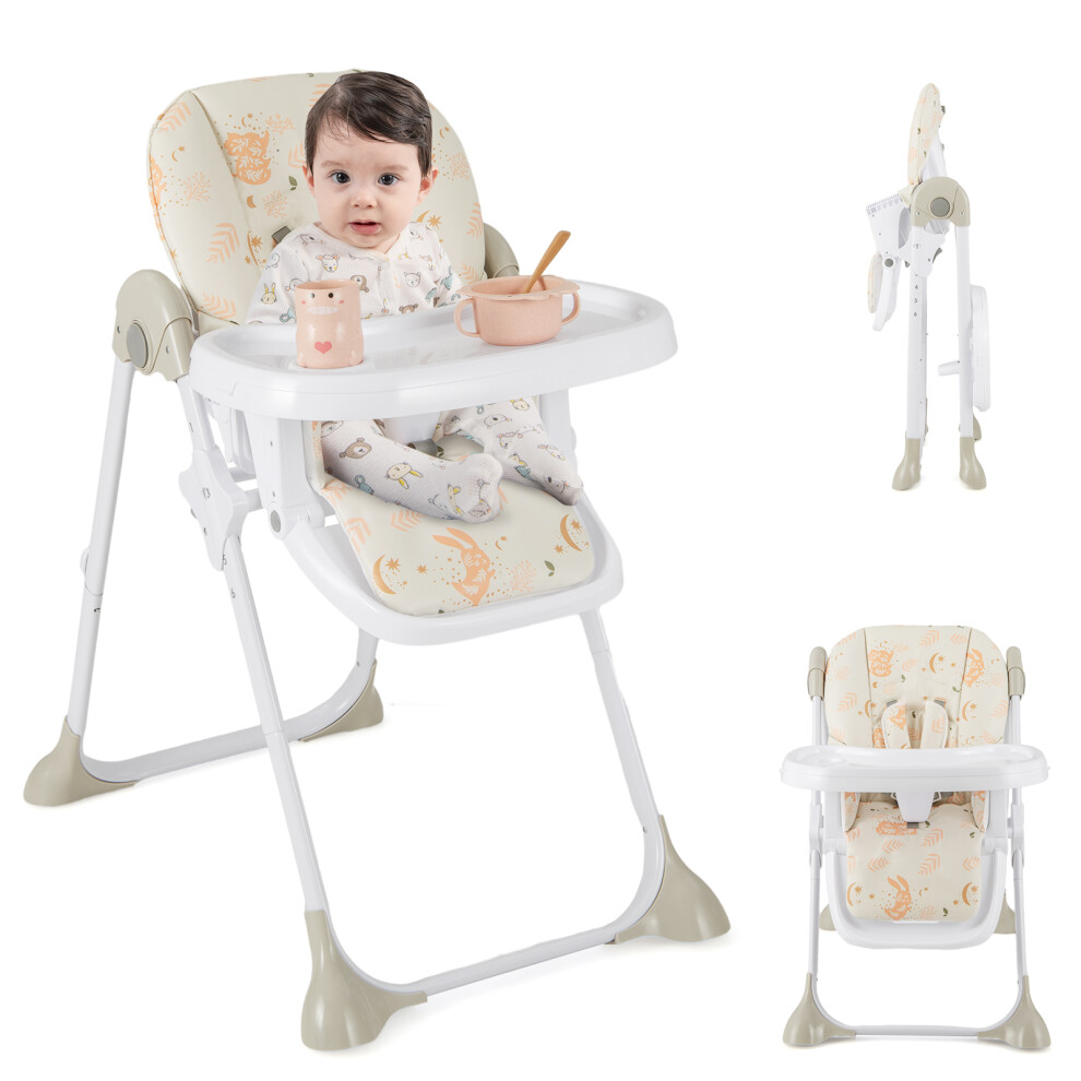 Baby High Chair Folding Dining Chair W/ Adjustable Tray & Wheels Beige