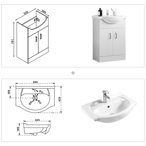 AICA 560mm Floorstanding Bathroom Vanity Unit with Ceramic Basin Sink Gloss White 1