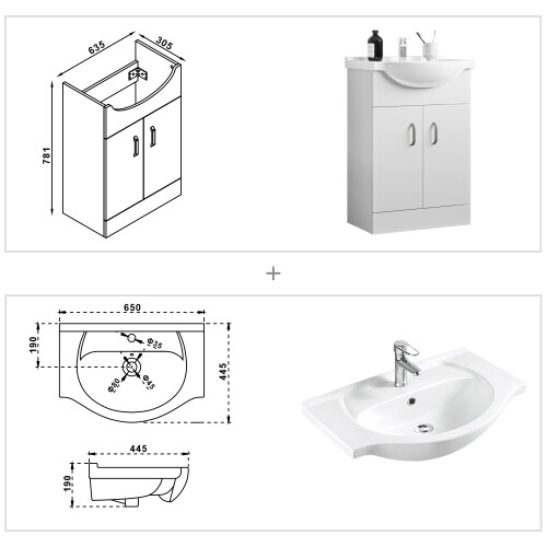 AICA 650mm Floorstanding Bathroom Vanity Unit with Ceramic Basin Sink Gloss White 1