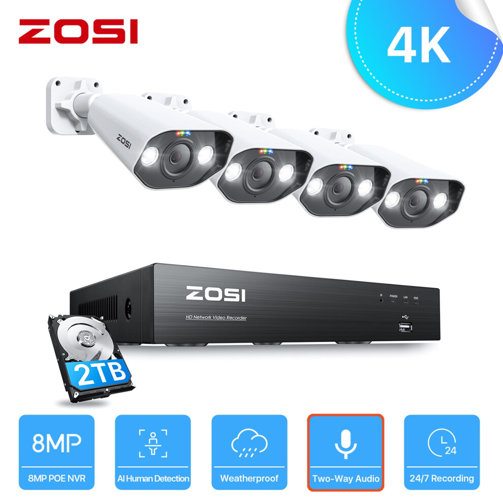 ZOSI 4K CCTV POE 8MP IP Security 4 Camera System 2TB 8CH NVR 2Way Talk