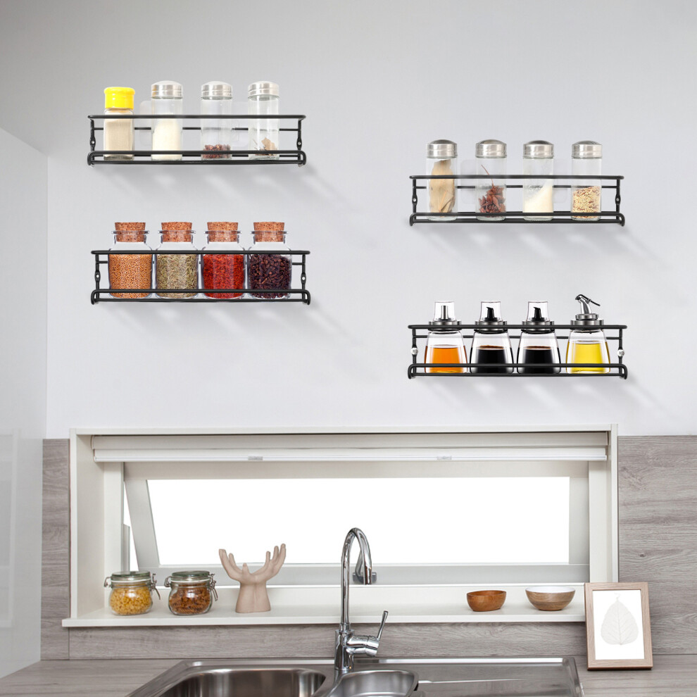 Spice Rack Inside Cupboard 4 Tier Wall Mounted with Adhesive Stickers & Screws, Spice Rack Organiser for Kitchen Wall Pantry Cabinet Door Bathroom