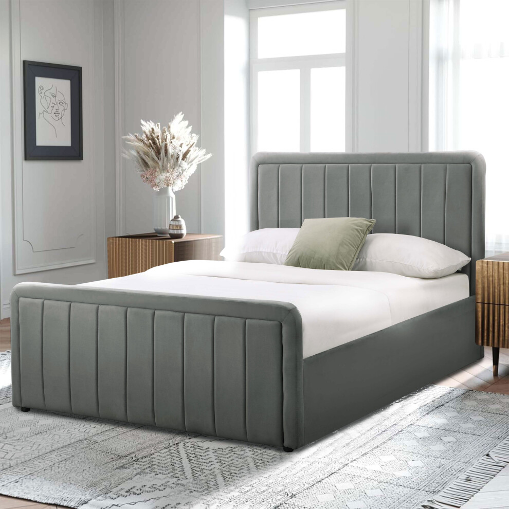 (3ft Single, With Lucy Mattress) Dark Grey Brushed Velvet Ottoman Bedframe In 3ft, 4ft6 or 5ft