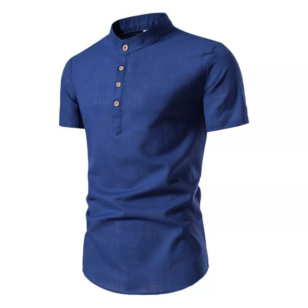(Blue, 5XL) Men T Shirt Cotton Linen Shirt Collar Short  Sleeve Summer Grandad Blouse Tops