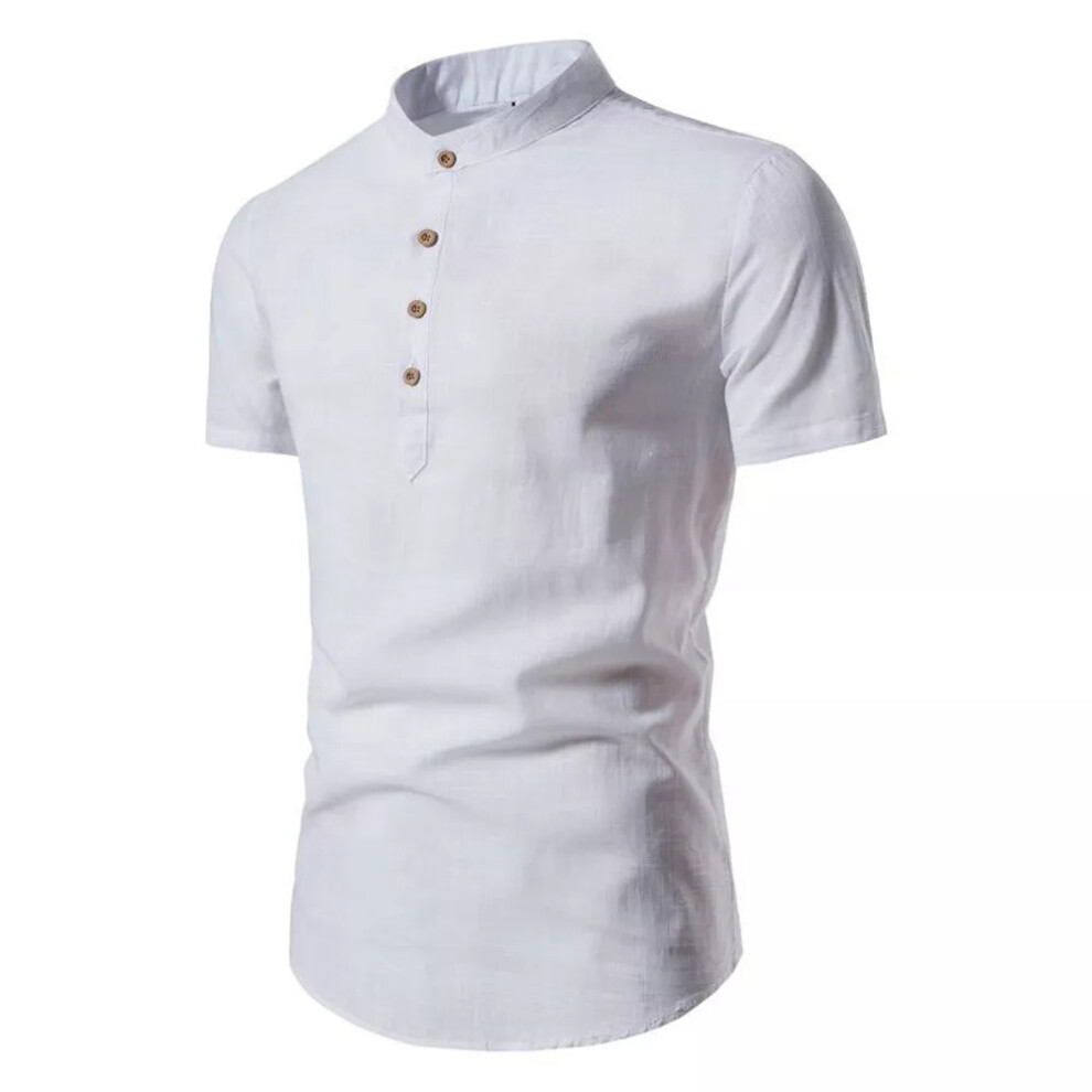 (White, 5XL) Men T Shirt Cotton Linen Shirt Collar Short  Sleeve Summer Grandad Blouse Tops