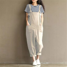 (Light Khaki, Tag 2XL ( UK 16)) Womens Oversize Baggy Overalls Strappy Trousers Loose Dungarees Jumpsuit Pants