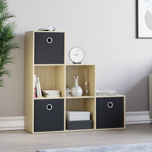 Vida Designs (Oak, Black) Durham 6 Cube Staircase Shelf 3 Basket Drawers 2