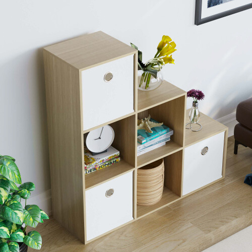 Vida Designs (Oak, White) Durham 6 Cube Staircase Shelf 3 Basket Drawers 2