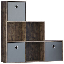 (Dark Wood, Grey) Durham 6 Cube Staircase Shelf 3 Basket Drawers