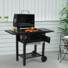 Outdoor Charcoal Grill with Side Tables - Carbon Steel, Built-In Thermometer, Cold-Touch Front Door, Easy-Clean Bottom Tray & Wheels