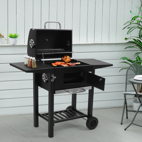 Outdoor Charcoal Grill with Side Tables - Carbon Steel, Built-In Thermometer, Cold-Touch Front Door, Easy-Clean Bottom Tray & Wheels