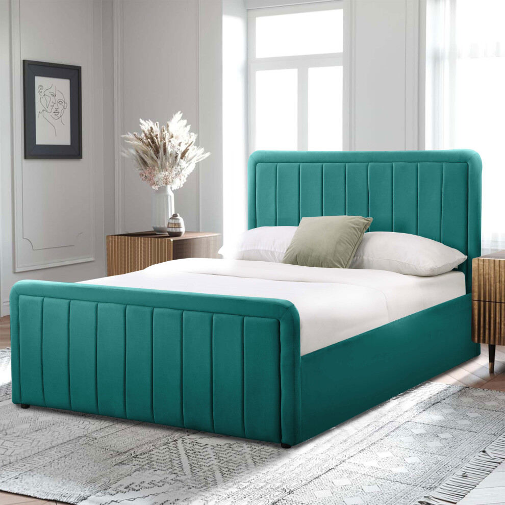 (3ft Single, With Harper Mattress) Green Brushed Velvet Ottoman Bedframe In 3ft, 4ft6 or 5ft