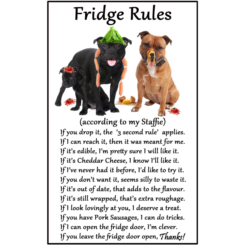 Fridge Magnets Staffordshire Bull Terrier (Staffie/Staffy) Gift - Fridge Rules - Large Fun flexible size 16cms x 10 cms (approx. 6" x4")