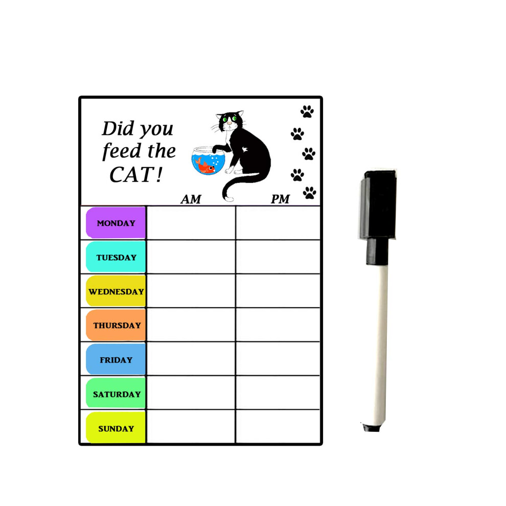 Cat Feeding Chart - 'Did You feed the Cat 'Dry Wipe' Flexible Magnet - Unique Dry Wipe Flexible Magnet with Magnetic Marker Pen. Size 6 x 4 inches