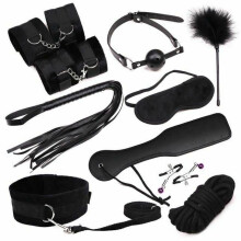 (Black) Black Red 10Pcs Bondage Kit Bdsm Beginner Set Sex Toys For Couples