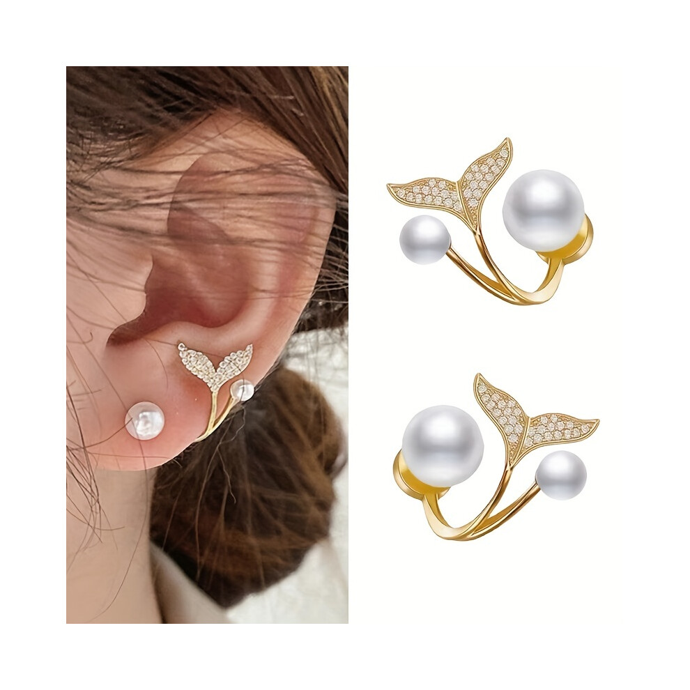 Pearl Mermaid Tail Stud Earrings, Alloy Rhinestone Decor Minimal Japanese And Korean Elegant Style Women's Earrings Jewelry