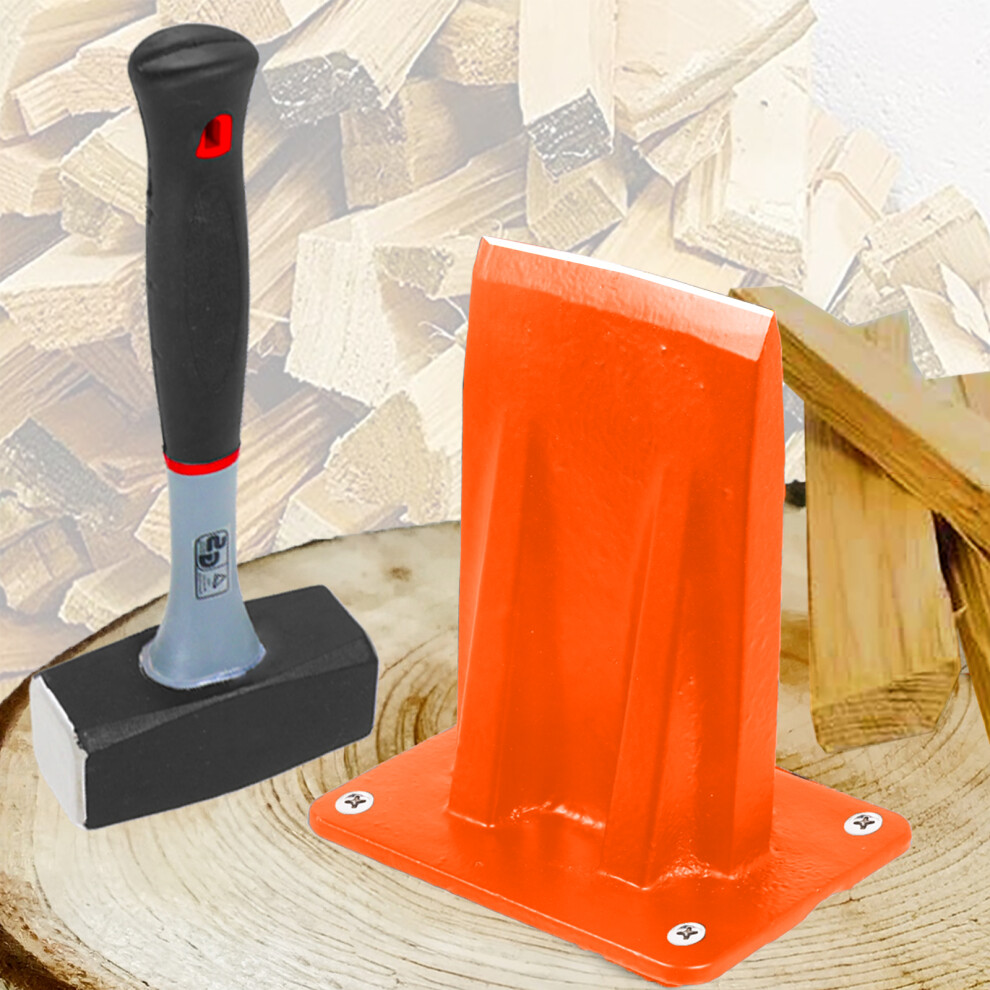 Spares2go Kindling Splitter Lump Hammer Log Splitting Firewood Heavy Duty Mounted Wood Timber Chisel Wedge Kit