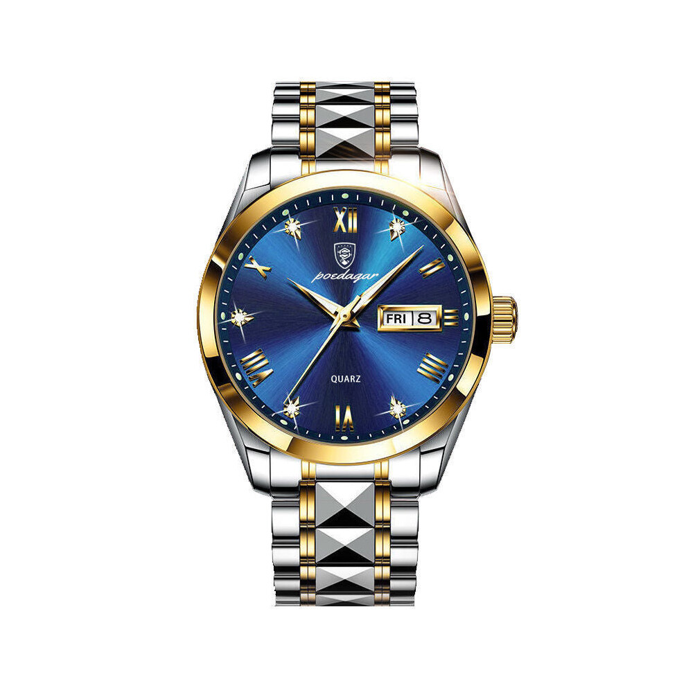 (Blue Gold) Waterproof Luminous Double Calendar Men's Wrist Watch Jewelry