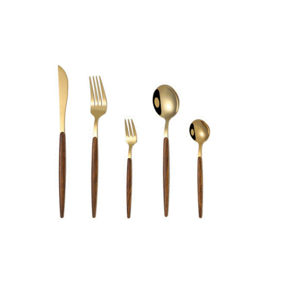 Stainless Steel Gold Dinnerware Cutlery Set Wooden Handle Fork Spoon Knife