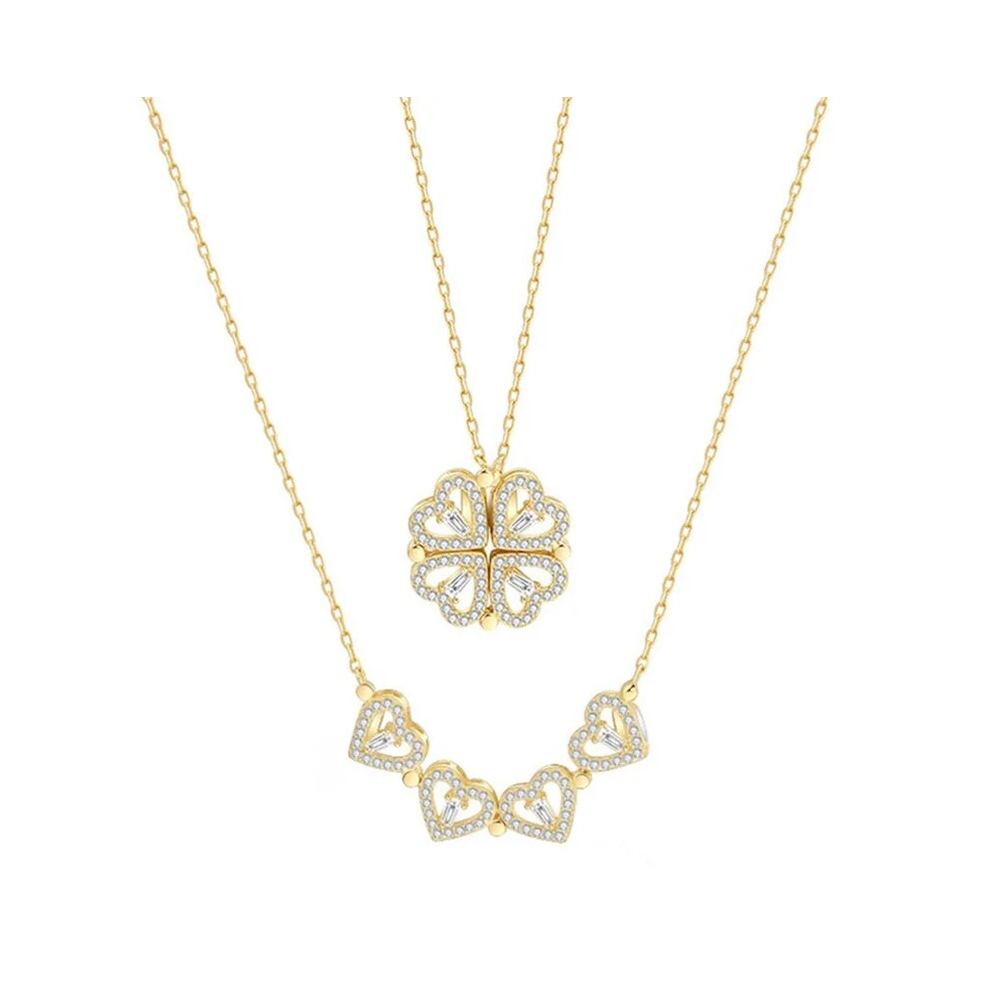 (Gold) Beautiful Heart Four Leaf Clover Necklace Women Jewellery