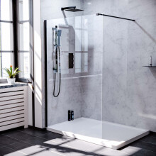 Nes Home Samoa 1200mm Wet Room Panel 8mm Tempered Glass & Matte Black Support Bar ABS