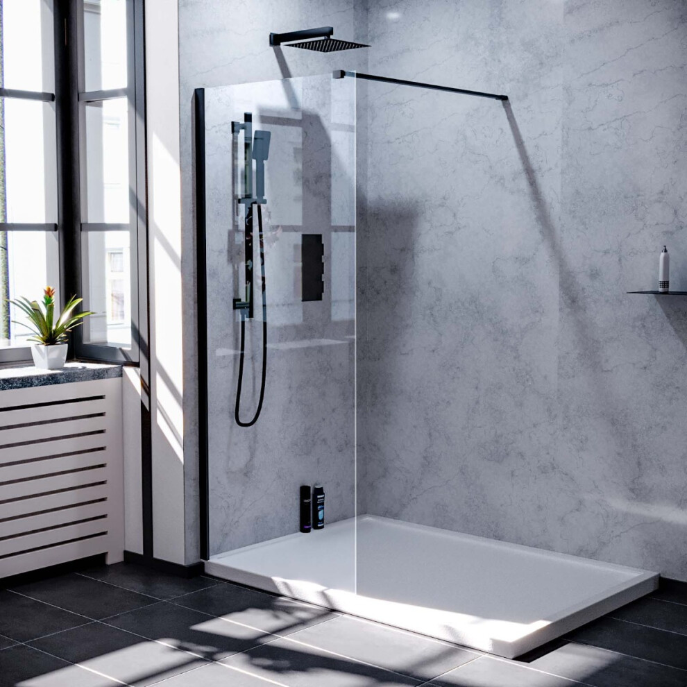 Samoa 900mm Wet Room Screen Tempered Glass & Matte Black Support Bar