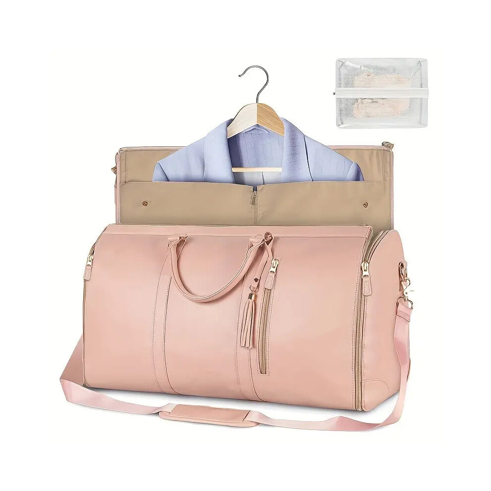 (Pink) 2 In 1 Hanging Suitcase Convertible Carry On Leather Garment Bag For Travel