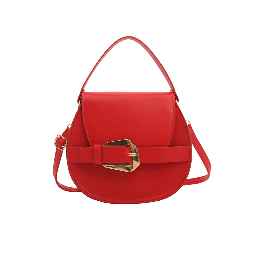 (Red) Womens Handbag Single Shoulder Crossbody Bag Belt Buckle Round Pu Material