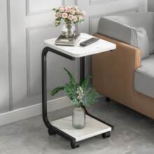 Narrow C-Shape End Table with 2-Tier Shelves – White MDF & Iron, Sofa Bedside Coffee Table, 30x30x50 cm