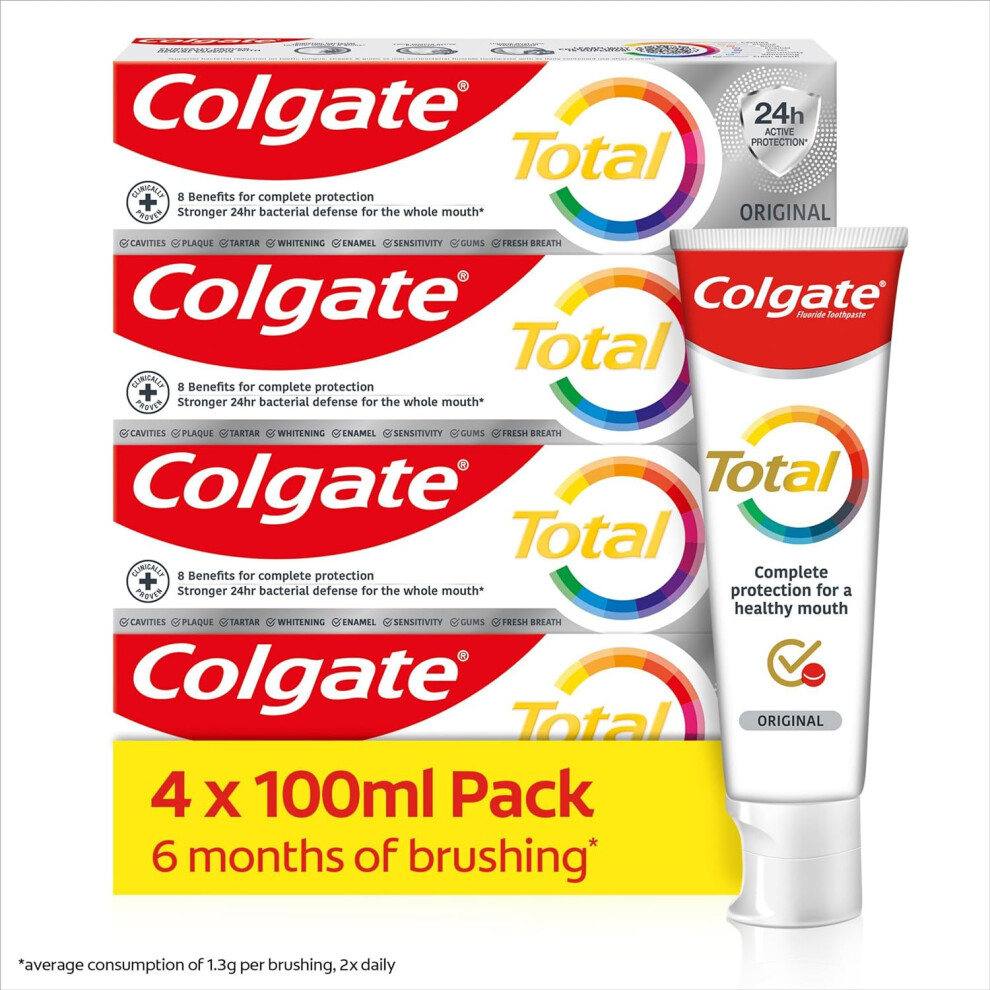 Colgate Total Original Toothpaste 4x100ml stronger 24-hour bacterial defence long-lasting  protection antibacterial technology 8 complete protection