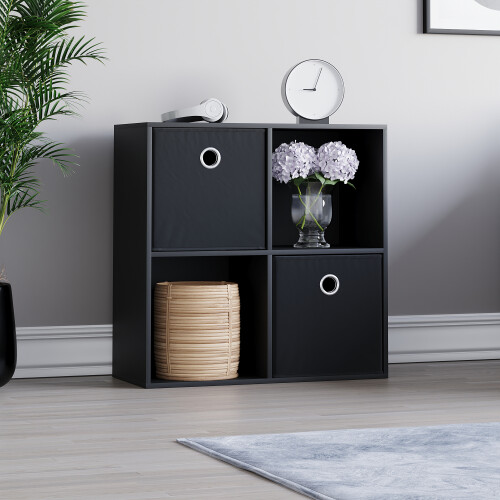 Vida Designs (Black, Black) Durham 4 Cube Shelf Wood Bookcase with 2 Baskets 2