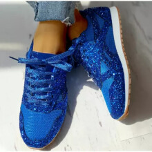 (Dark blue, US8=UK6=EUR39=feet length 24.5cm) Womens Sparkly Glitter Lace Up Trainers Ladies Running Sneakers Lpatform Shoes