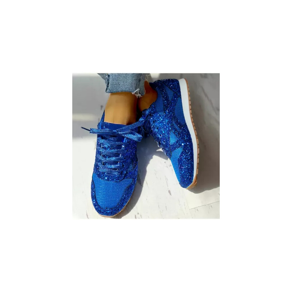 (Dark blue, US9.5=UK7.5=EUR41=feet length 25.5cm) Womens Sparkly Glitter Lace Up Trainers Ladies Running Sneakers Lpatform Shoes