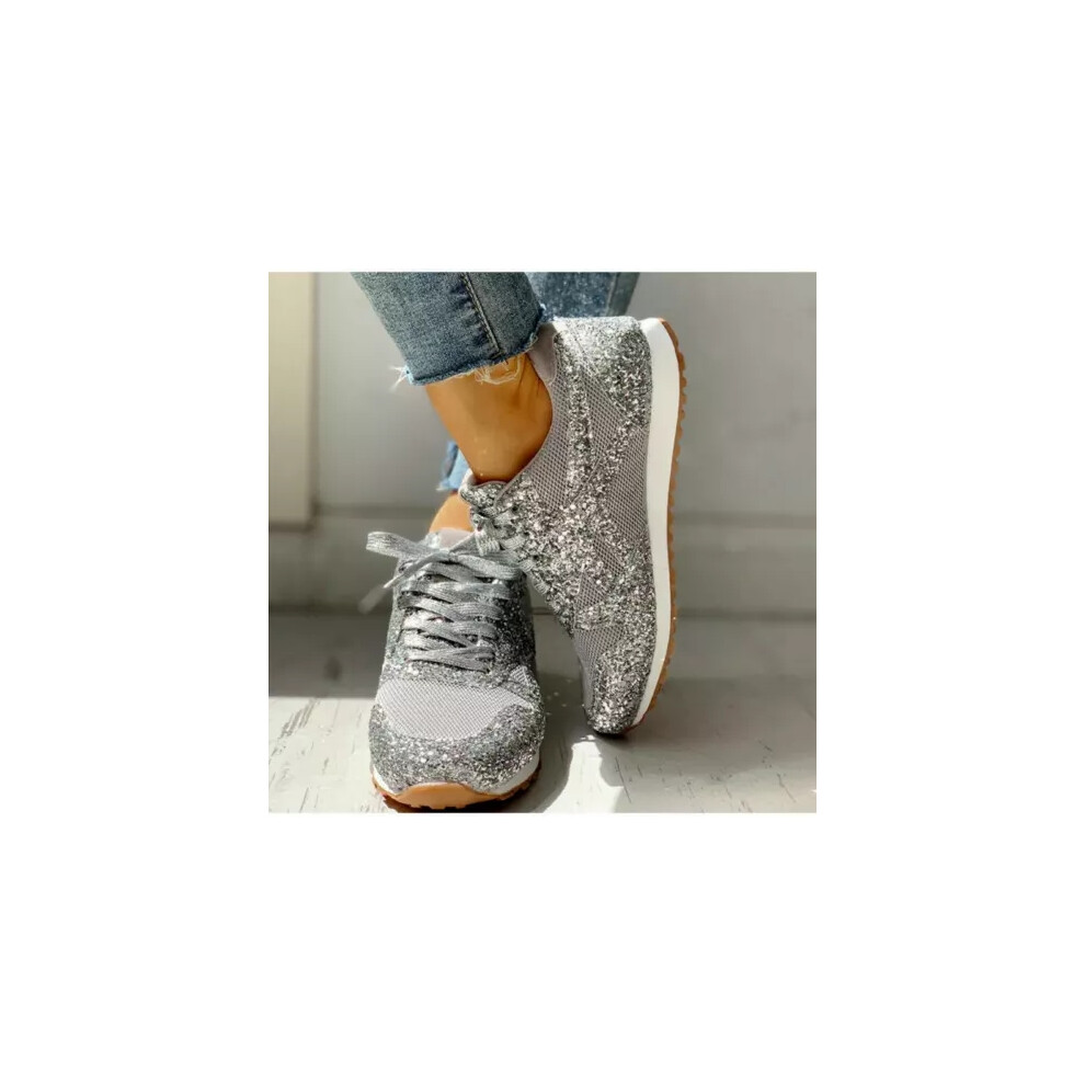 (Silver, US4.5=UK2.5=EUR35=feet length 22.5cm) Womens Sparkly Glitter Lace Up Trainers Ladies Running Sneakers Lpatform Shoes-image-OPC-PDZFZWC-NEW