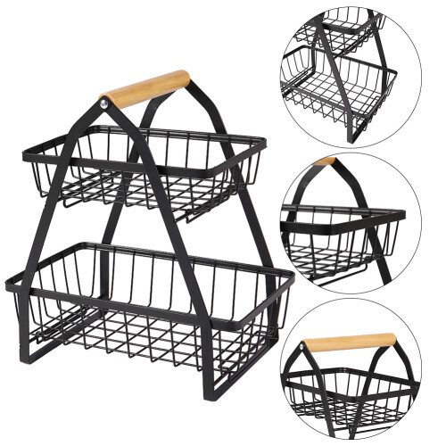 Living And Home Metal Basket Vegetable Fruit Egg Bowl Holder Spice Storage Rack Wooden Handle 2
