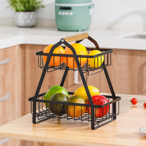 Living And Home Metal Basket Vegetable Fruit Egg Bowl Holder Spice Storage Rack Wooden Handle