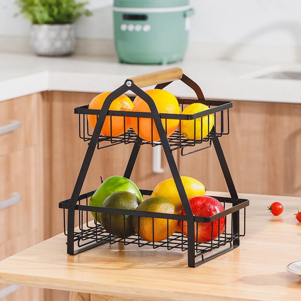 Metal Basket Vegetable Fruit Egg Bowl Holder Spice Storage Rack Wooden Handle