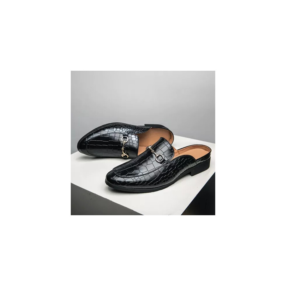 (Black, 46) Men's Leather Half Slippers Fashion Slip-on Shoes Leisure Leather Shoes Size