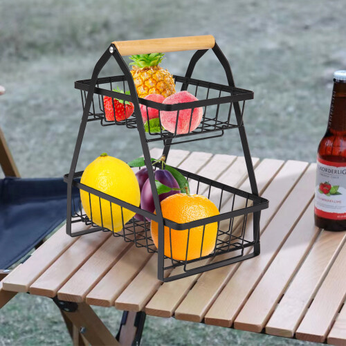 Living And Home Metal Basket Vegetable Fruit Egg Bowl Holder Spice Storage Rack Wooden Handle 1