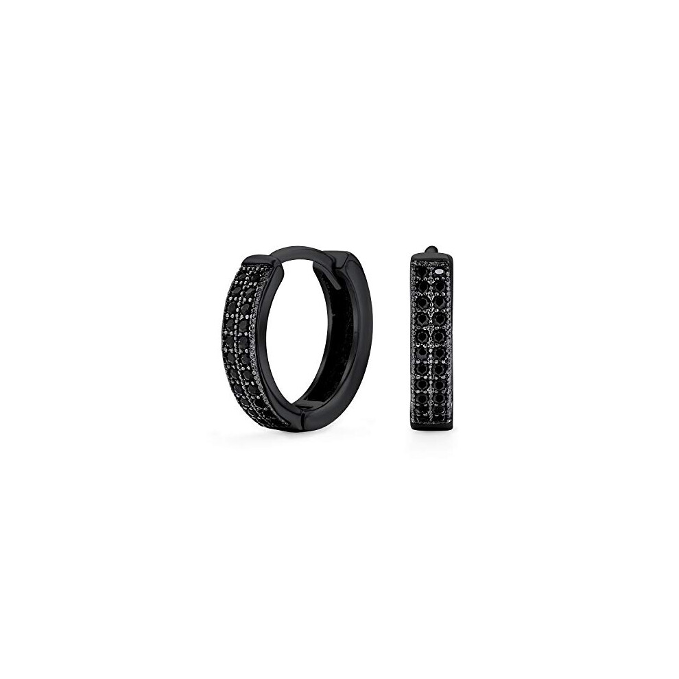 Unisex Black Pave CZ Cubic Zirconia Micro Pave 2 Row Slender Huggie Hoop Earrings For Women Teens Men Cubic Zirconia IP Black .925 Sterling Silver .30