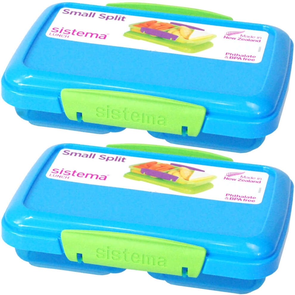 Sistema? Small Split Plastic Snack Fruit Breakfast Lunch Box Food Storage with Locking Clip Lid 350ml (Blue, 4)