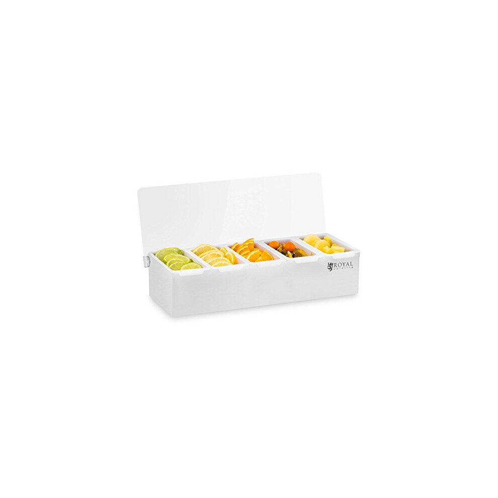 Royal Catering Condiment Holder RCCBP 5 (Stainless steel, 5 containers, Capacity per container: 450 ml, Lids made of polypropylene, 38 x 15 x 8,8 cm)