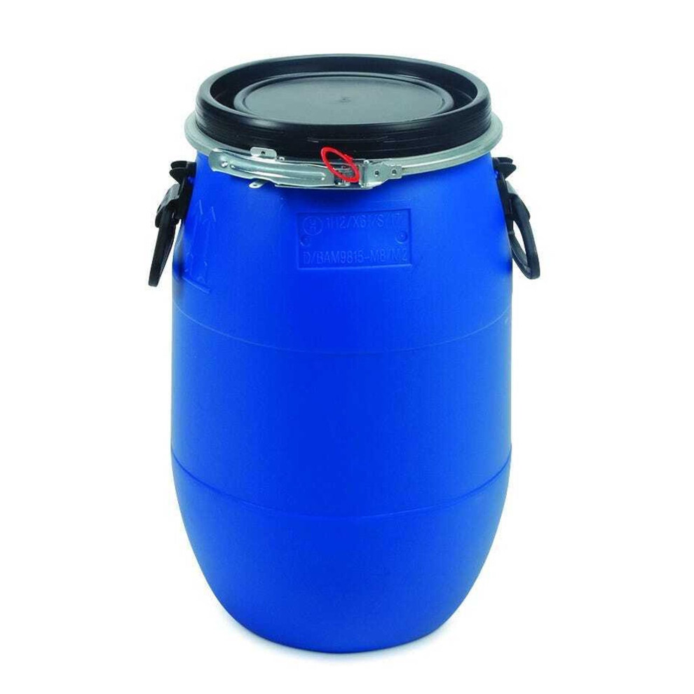 STORM TRADING GROUP 30 Litre Plastic Blue Open Top Storage Barrel Drum Keg with Lid and Latch Ring, UN Approved, Grade for Shipping, Air Tight