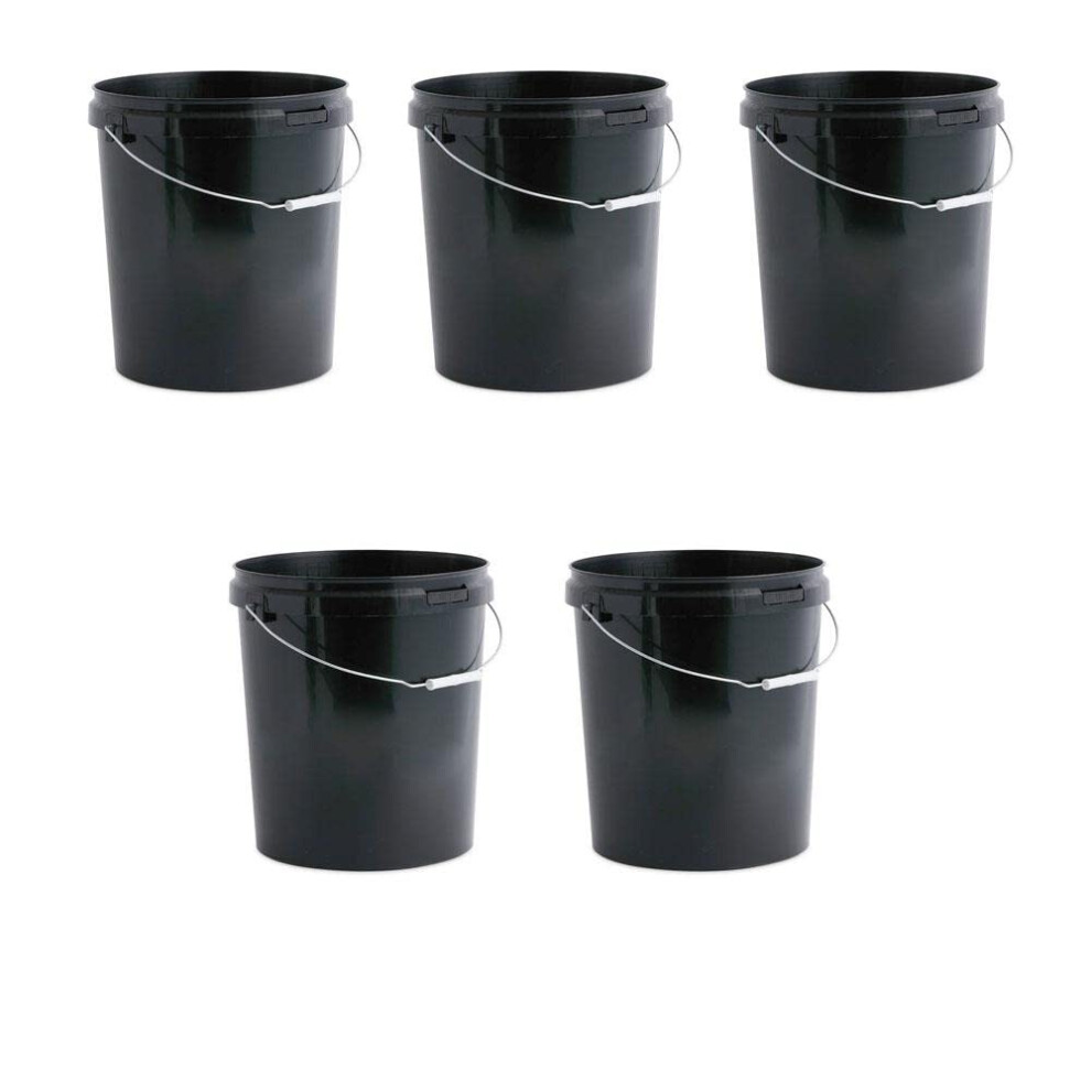 Invopak 5 x 25 Litre Food Grade Plastic Bucket with Lid and Wire Handle, Black, Airtight, Recyclable & BPA Free