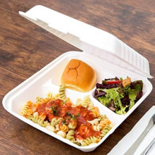 HOT BARGAINS 200 X Bagasse Clamshell Lunch Box 3 Compartment White Colour Size 9 Inch Super Rigid Biodegradable, Compostable & Recyclable Disposable