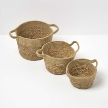 HOMESCAPES Set of 3 Woven Storage Baskets, Natural Grass and Rope