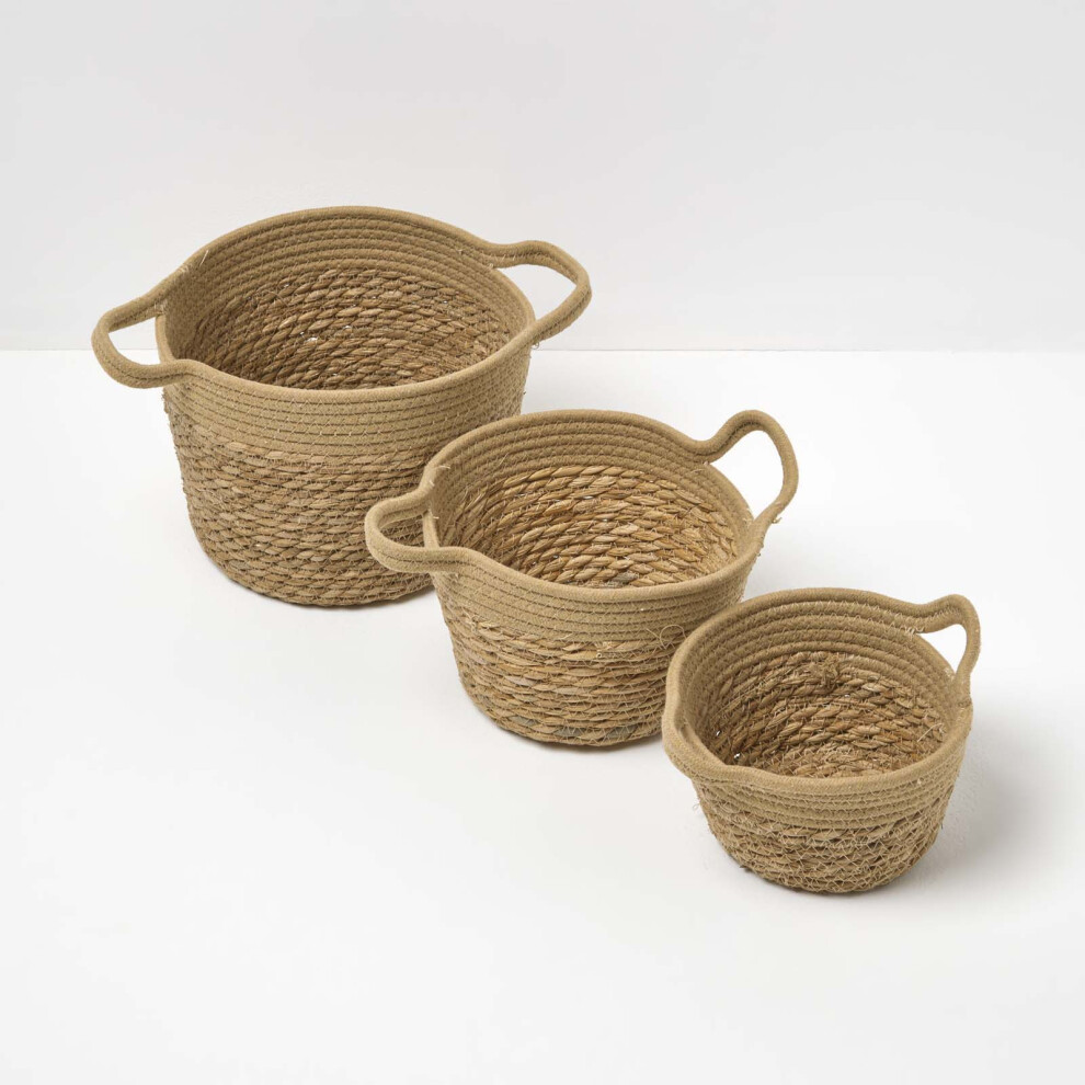 Homescapes Set Of 3 Woven Storage Baskets, Natural Grass And Rope