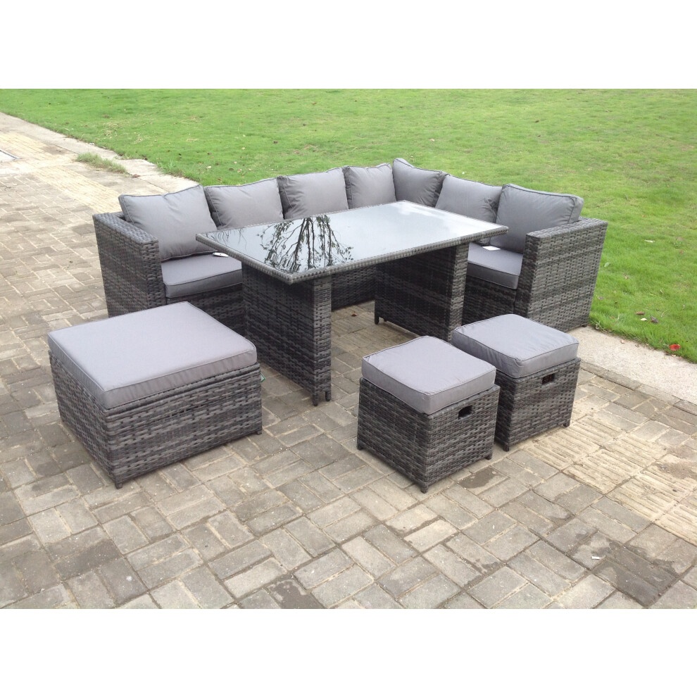 Fimous 7 Seater Pe Rattan Corner Sofa Set Rectangular Dining Table Set With Seat And Back Cushion Grey