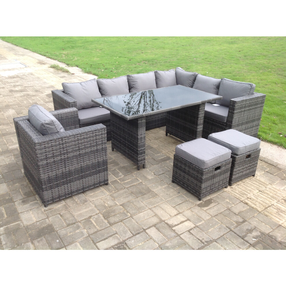 Fimous 8 Seater Outdoor Lounge Rattan Corner Sofa Set Garden Furniture Rectangular Dining Table Chair Grey