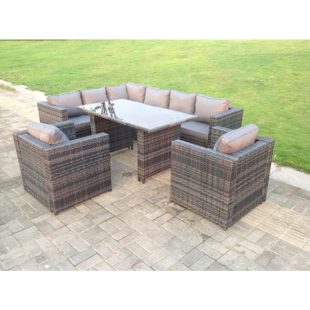 Fimous Dark Grey Outdoor Lounge Rattan Corner Sofa Set Garden Furniture Rectangular Dining Table Chair