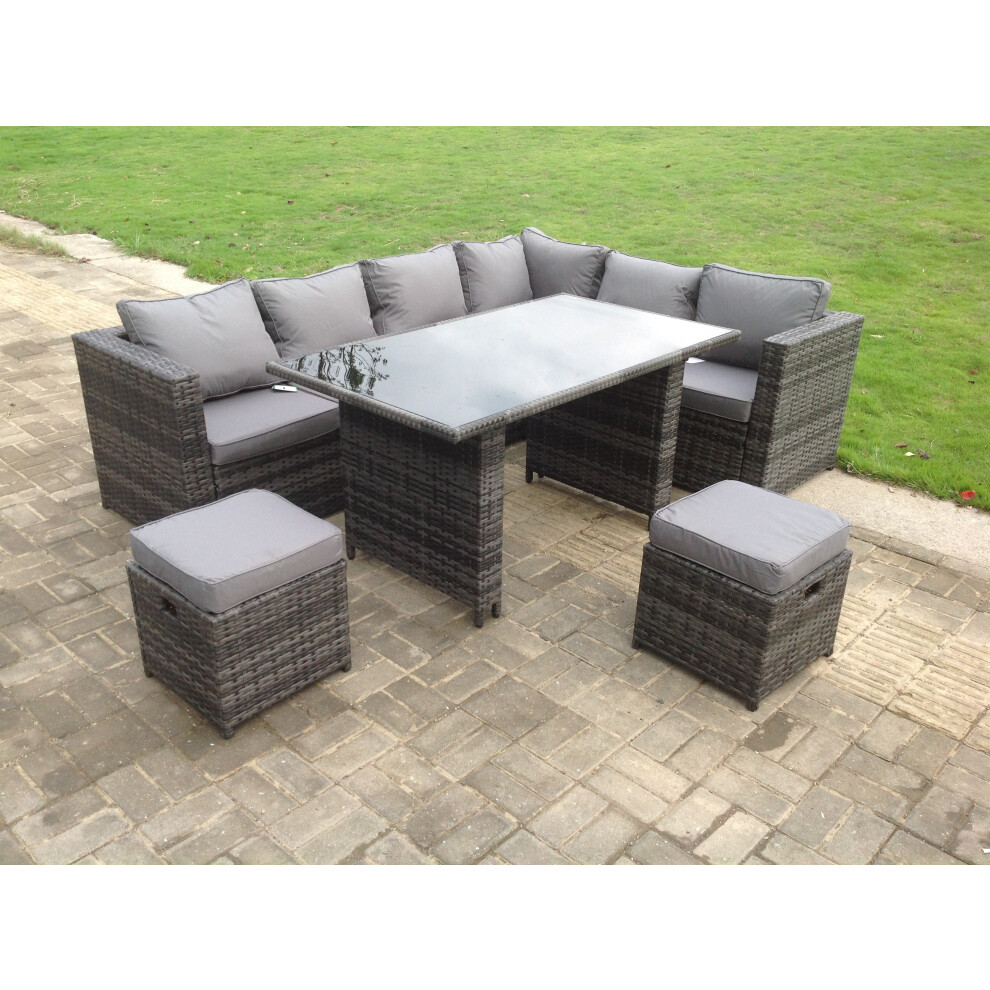 Fimous Outdoor Lounge Rattan Corner Sofa Set 6 Seater Garden Furniture With Small Footstools Grey